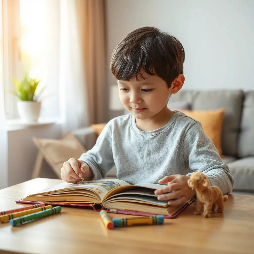 Child reading an open interactive lift-the-flap children’s book at a table in a cozy, sunlit room