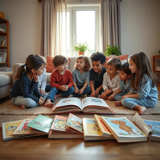 Children gathered around an open book with several colorful storybooks on a low table