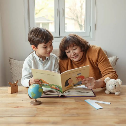 Child and caregiver reading an open storybook in a warm, cozy reading nook