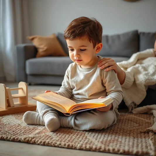 Child reading an open storybook on a cozy rug with a parent nearby