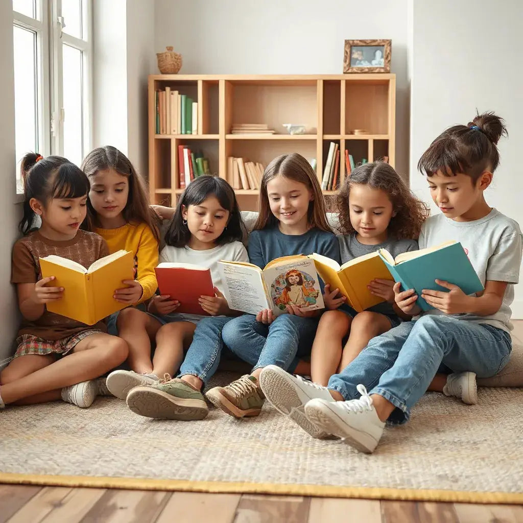 Children sitting in a cozy reading nook with open books under warm natural light