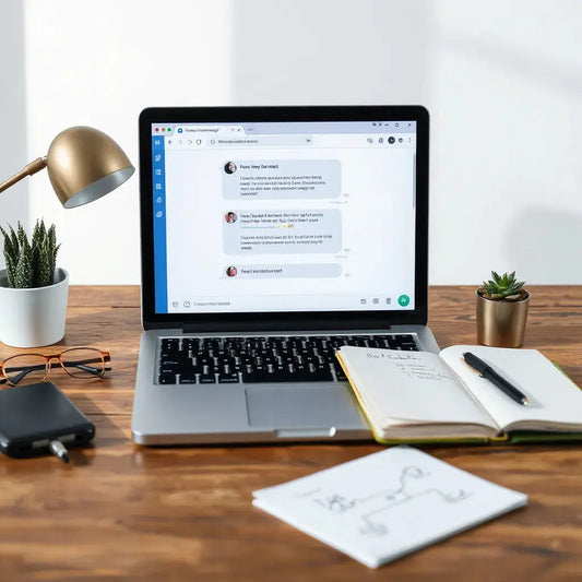 Minimal workspace with laptop and notes illustrating structured AI prompting