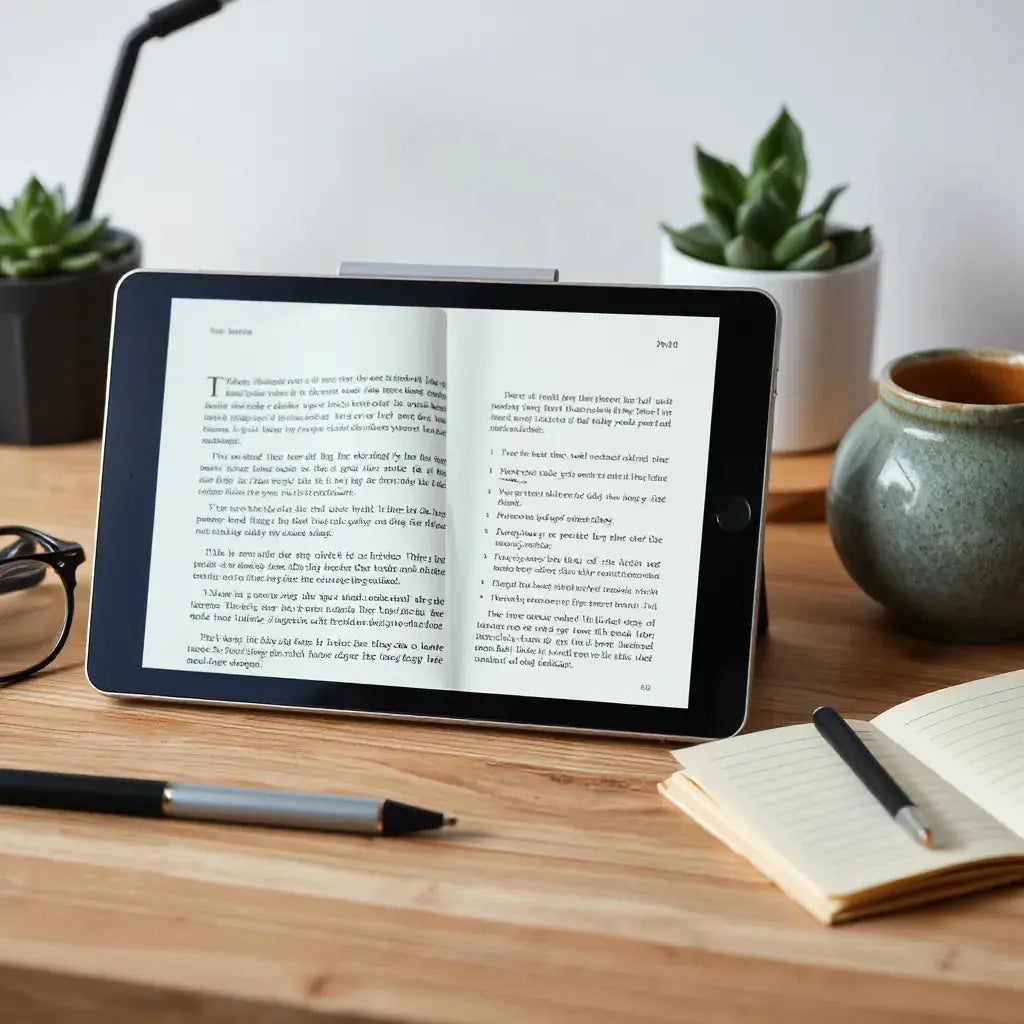 Tablet displaying an interactive ebook with page-turning style navigation on a clean desk