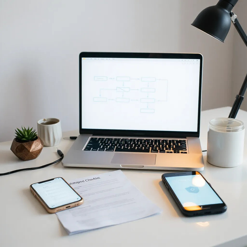 Minimal modern desk with laptop showing a generic AI integration flowchart and secure deployment checklist