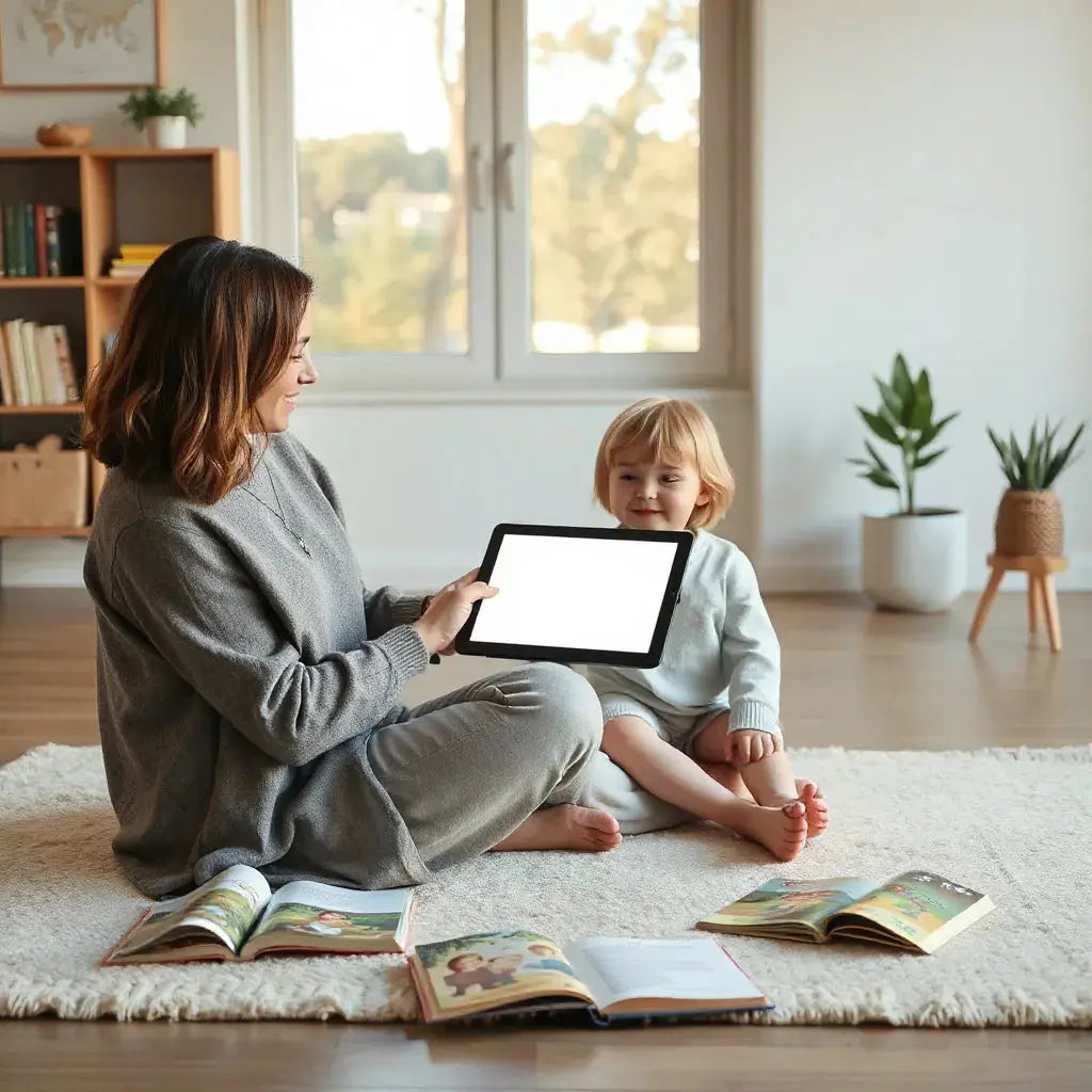 Parent and child reading kids’ e-books on a tablet in a cozy room with a few picture books nearby