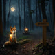 A red fox stands by a lantern in a quiet forest clearing with a trail leading deeper into the woods