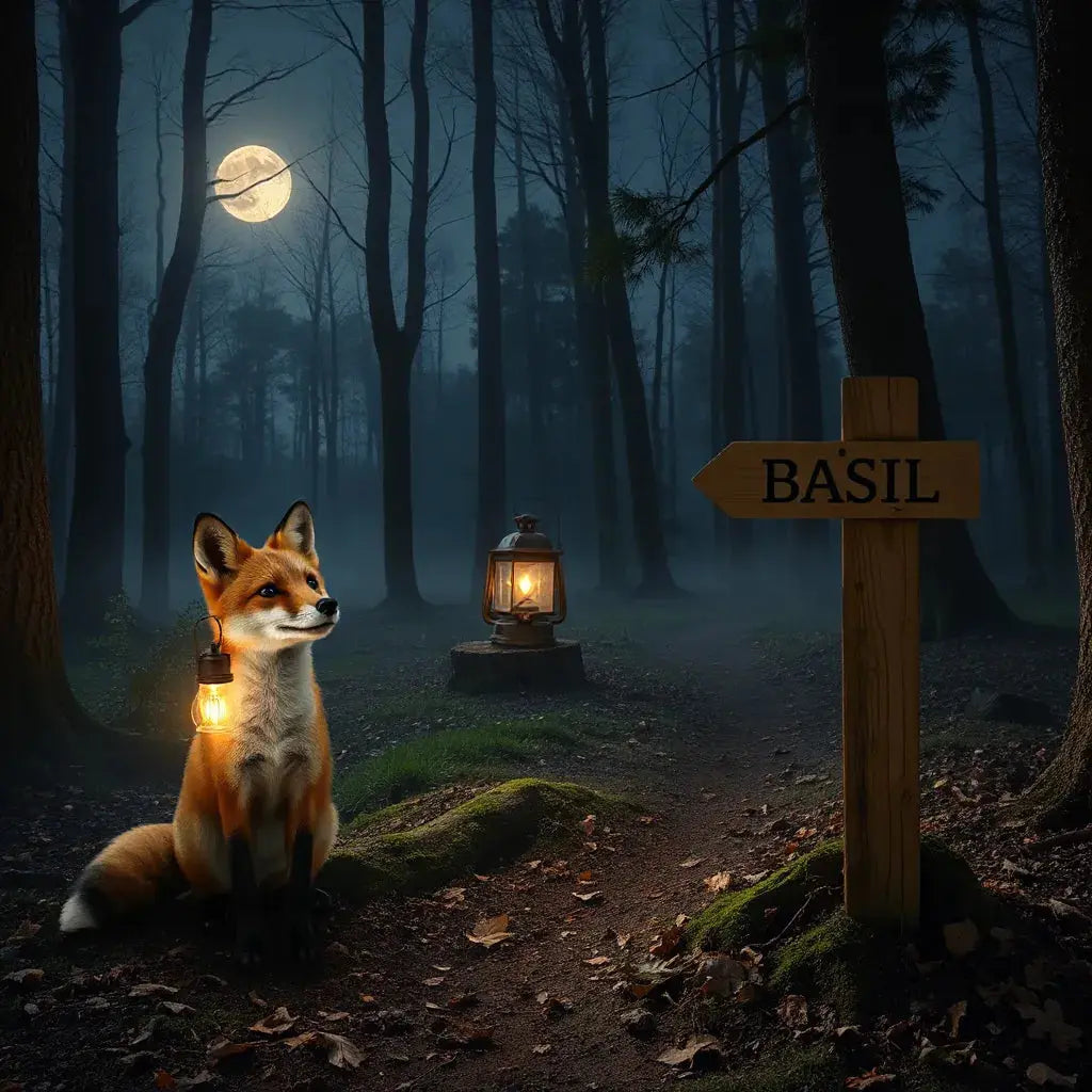 A red fox stands by a lantern in a quiet forest clearing with a trail leading deeper into the woods