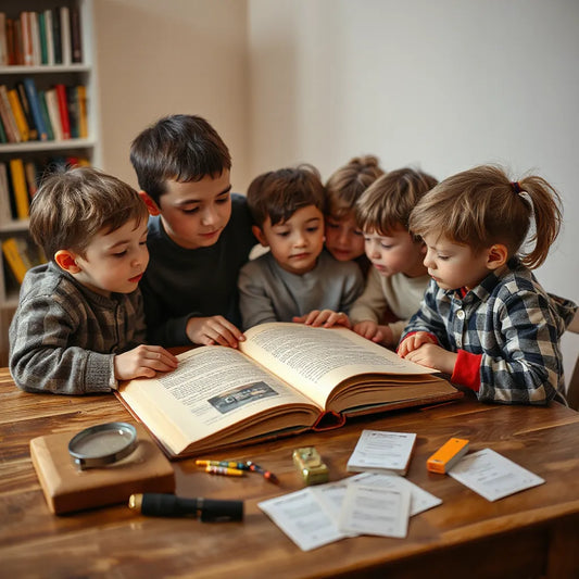 Children gathered around an open mystery book with a magnifying glass and clue cards on a wooden table