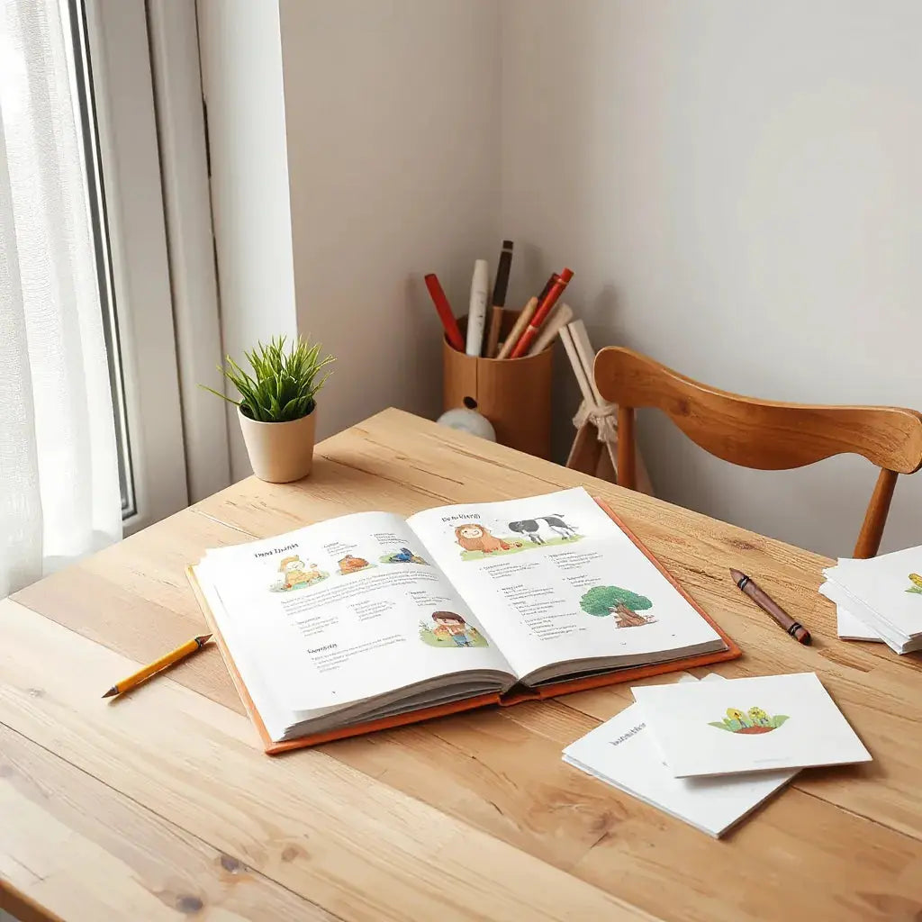 Open illustrated children’s storybook on a wooden table with crayons and printed pages nearby
