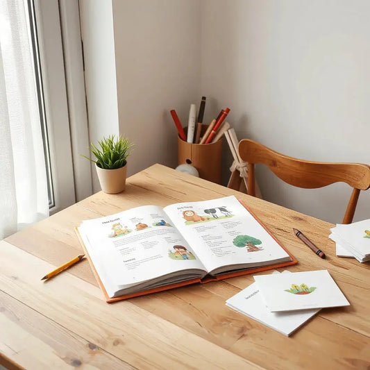Open illustrated children’s storybook on a wooden table with crayons and printed pages nearby