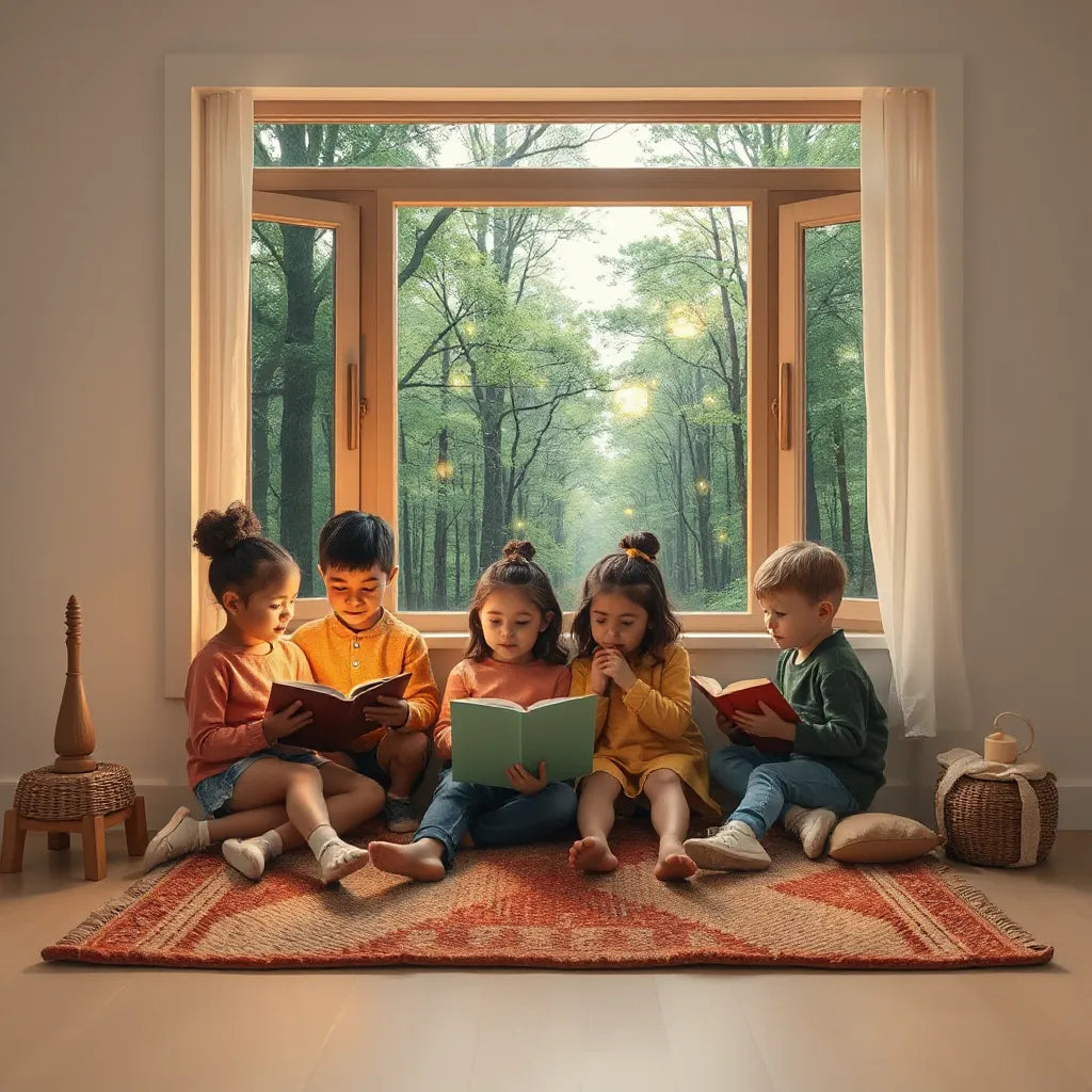 Children reading open storybooks in a cozy room with a softly lit magical forest view