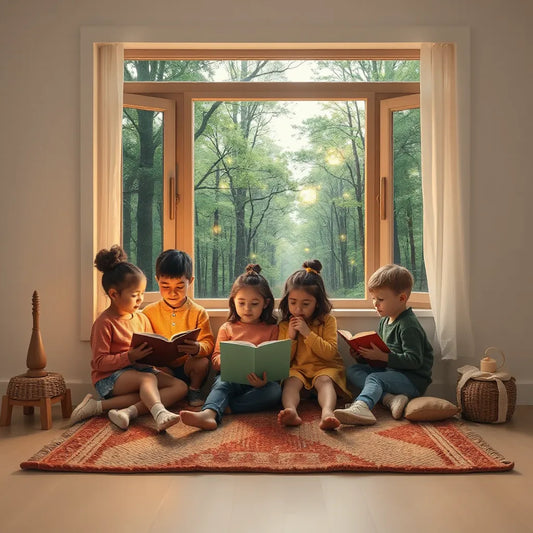 Children reading open storybooks in a cozy room with a softly lit magical forest view