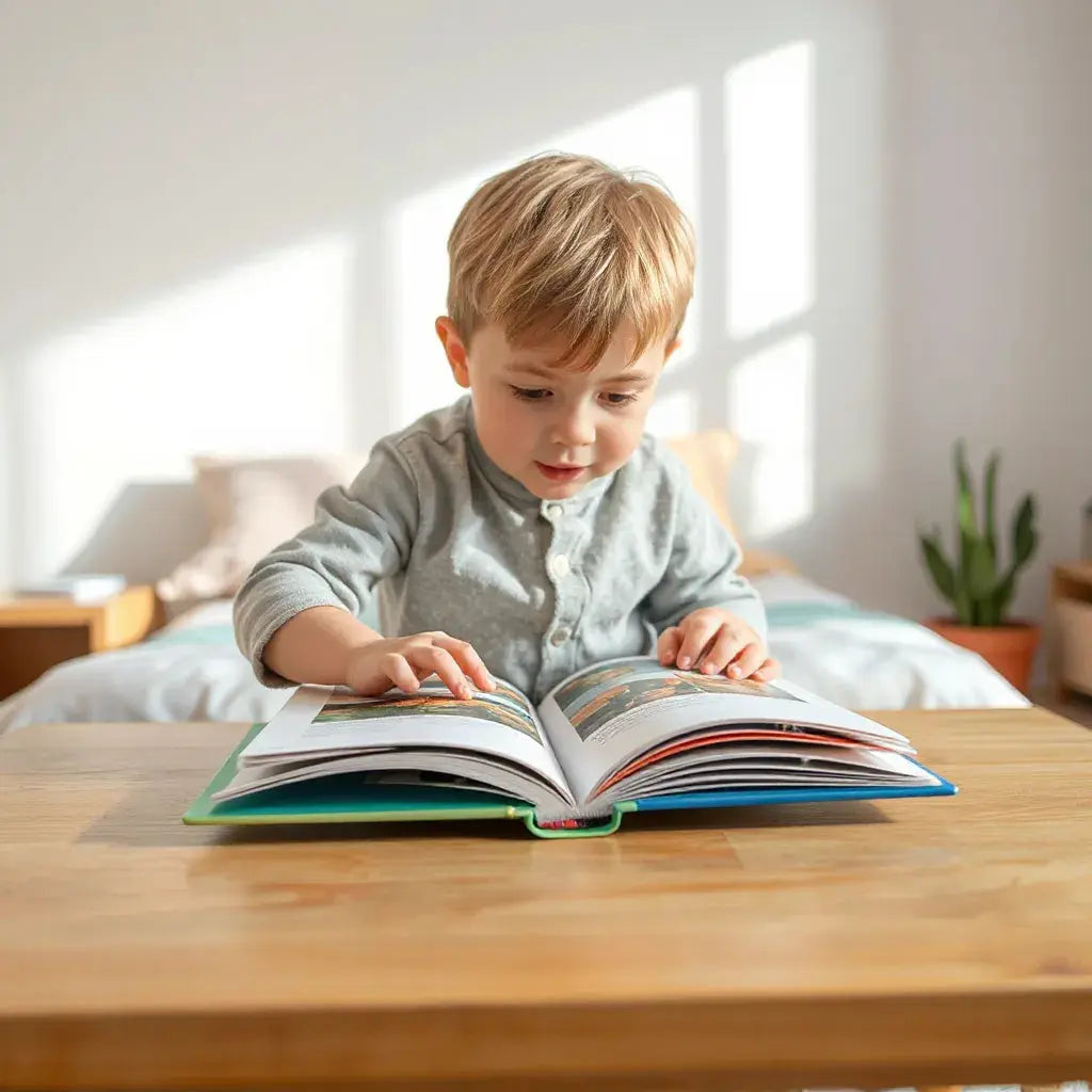 Child flipping through a colorful interactive storybook with raised pages at a bright table