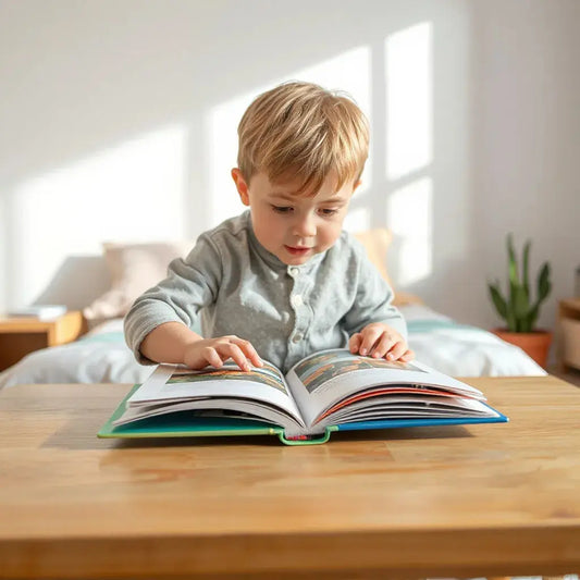 Child flipping through a colorful interactive storybook with raised pages at a bright table