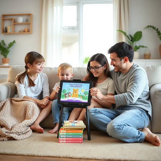 Family reading digital stories together on a tablet in a cozy living room
