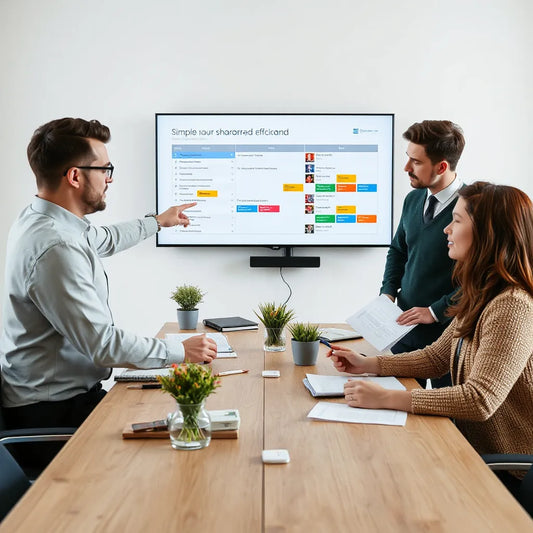 Manager and team reviewing a task workflow on a shared screen in a modern meeting
