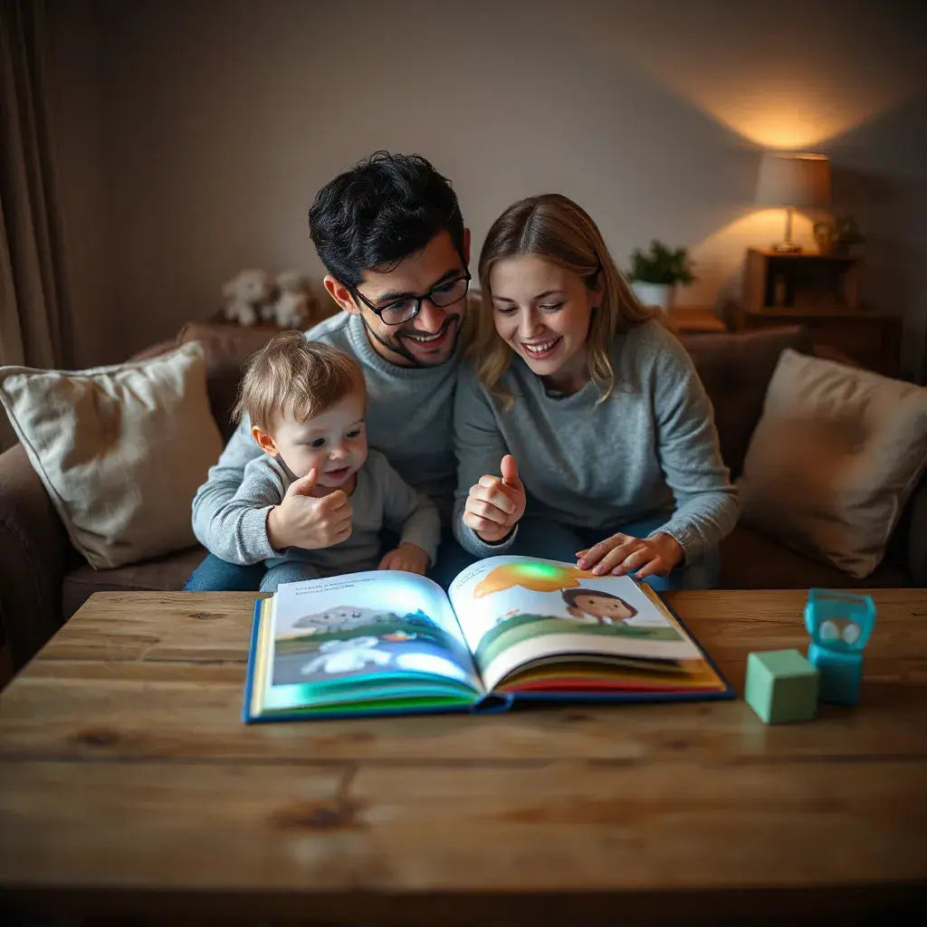 Child and parent reading an open interactive picture book in a cozy living room with warm light