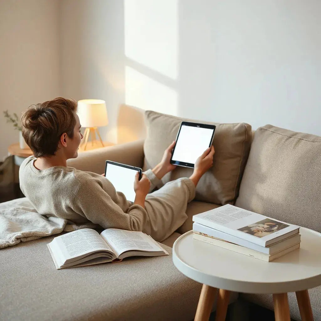 Person reading on a tablet at home with warm lighting and a minimal table setup