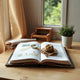 A young detective reading nook with an open book, magnifying glass, and a small key on the table