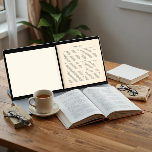 Printed story booklet and generic PDF pages on a desk with reading glasses and warm natural light
