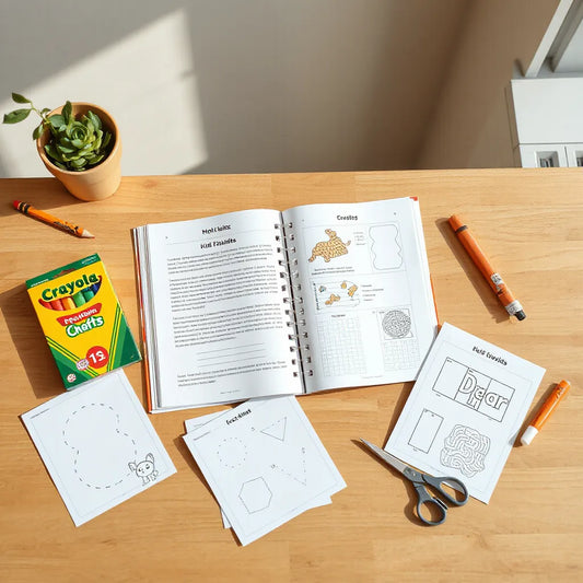 Open workbook with printed kids activity sheets, crayons, and craft supplies on a wooden table