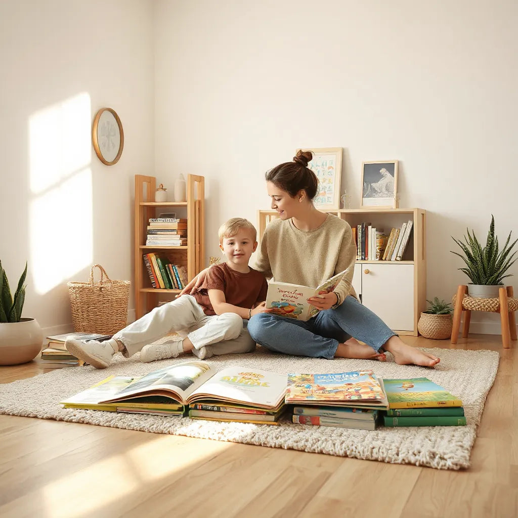 Child and adult reading educational picture books in a cozy, sunlit nook