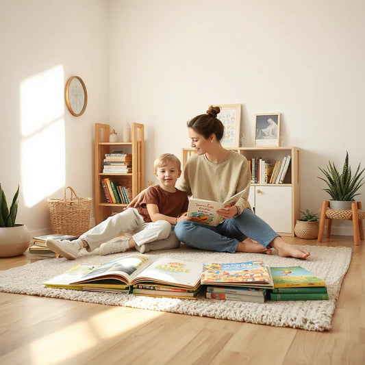 Child and adult reading educational picture books in a cozy, sunlit nook