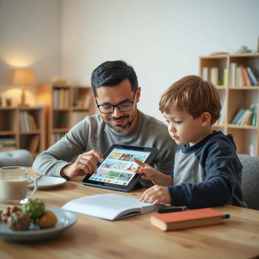 Parent and child reviewing colorful early reading content on a tablet at a cozy table