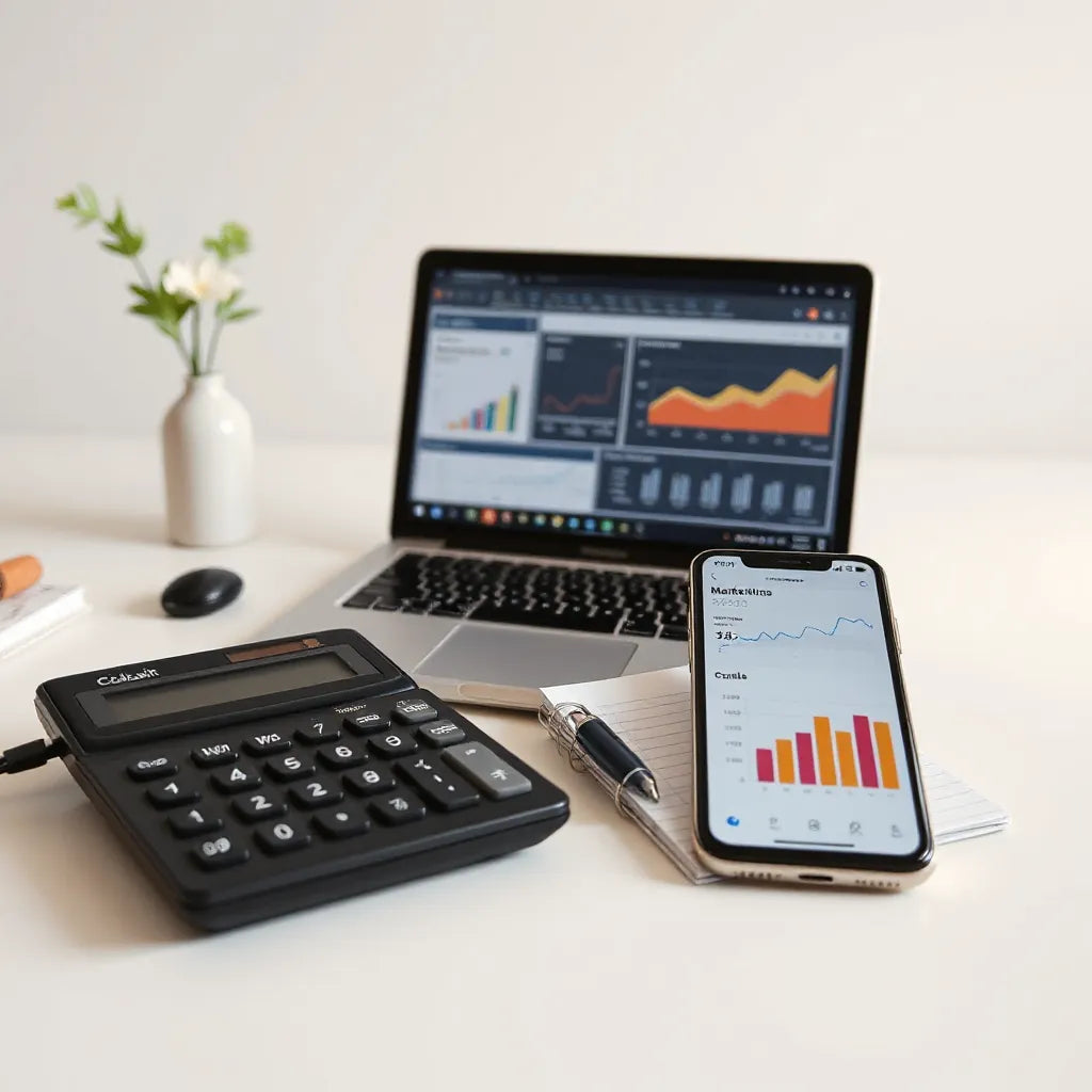 Laptop with marketing analytics charts, calculator, and notes on a clean desk