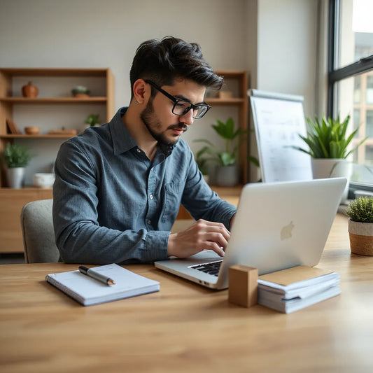 Startup founder reviewing a cash flow dashboard on a laptop with invoices on the desk