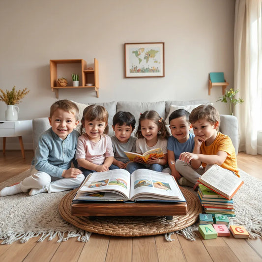 Children sitting with an adult while reading picture books in a cozy living room