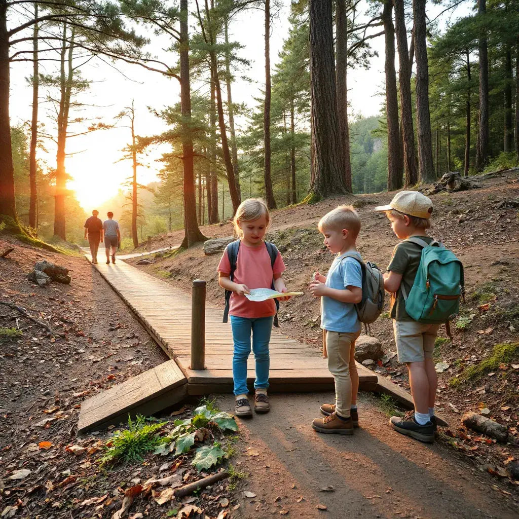 Children on a forest trail with an open map, compass, and backpacks