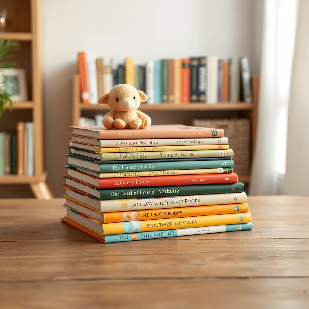 Colorful storybooks stacked on a wooden table with a child reaching toward the top book