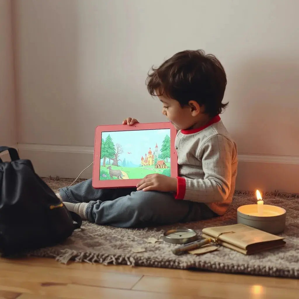 Child reading an adventure e-book on a tablet with a compass and map nearby