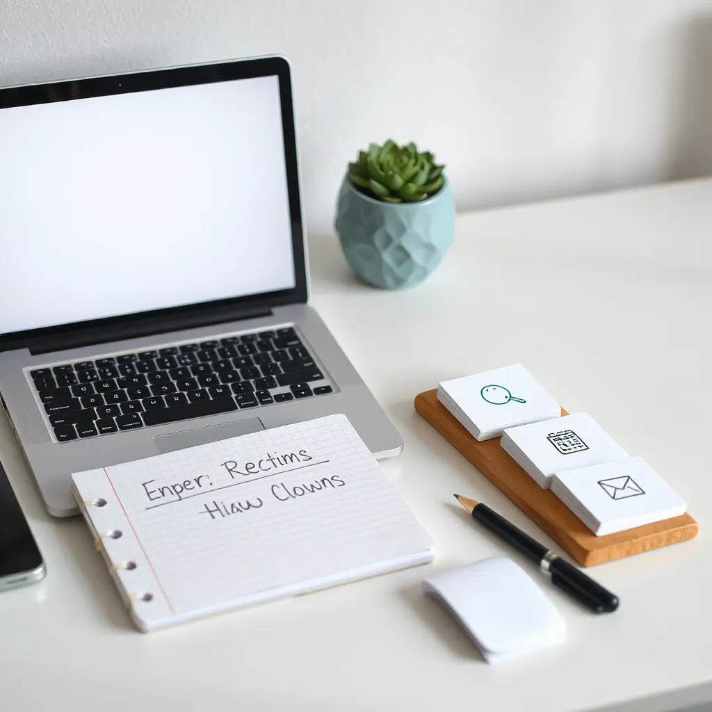 Minimal workspace with a laptop prompt area and handwritten placeholder notes for structuring AI requests