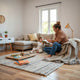 Child reading an open storybook at home with a parent nearby and colorful books within reach