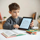 Child reading a tablet showing an open e-book with colorful bookmarks on a desk