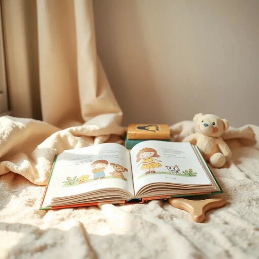 Open kids’ storybook on a blanket with a few colorful books and a plush toy nearby