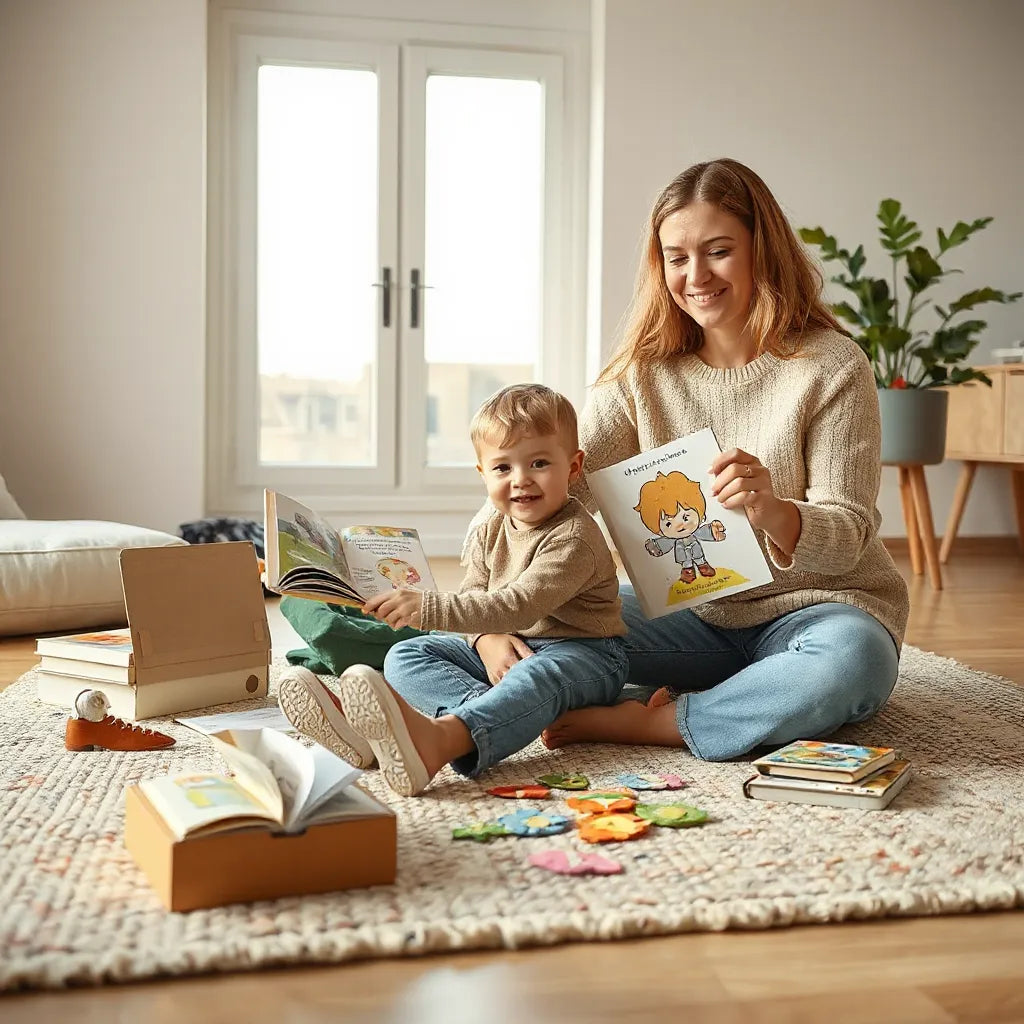 Child and caregiver using picture books and simple story props on a cozy rug