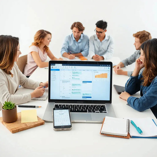Team collaborating at a table with a laptop showing an abstract project workflow dashboard