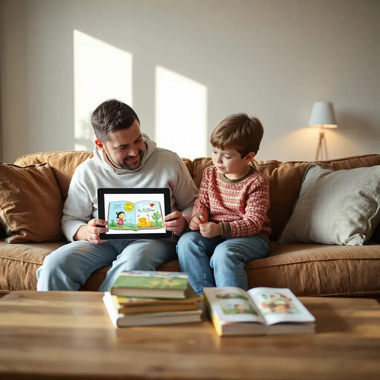 Parent and child reading storybooks together on a tablet in a cozy living room