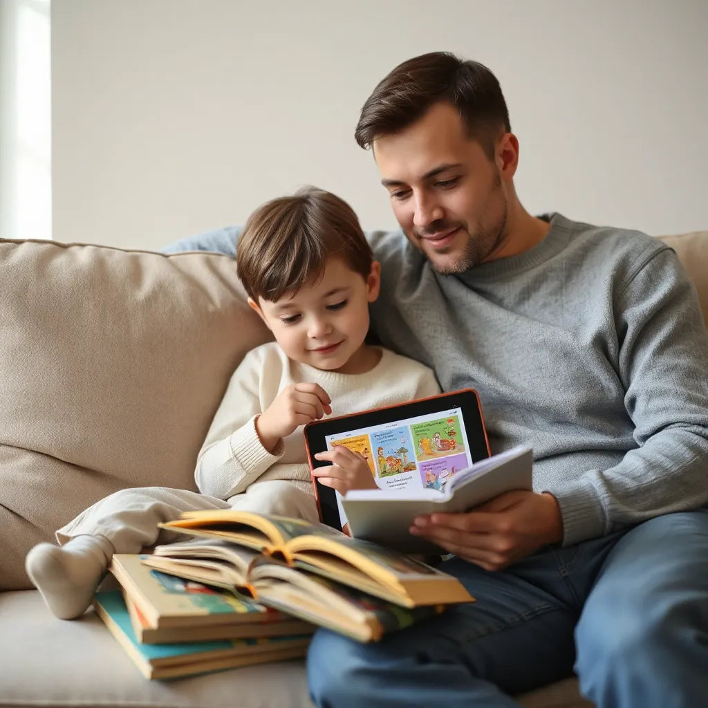 Child and parent reading an e-reader tablet in a cozy living room with story visuals on screen