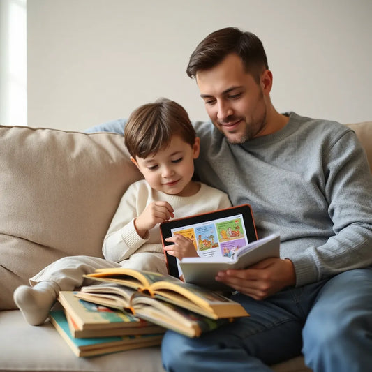 Child and parent reading an e-reader tablet in a cozy living room with story visuals on screen