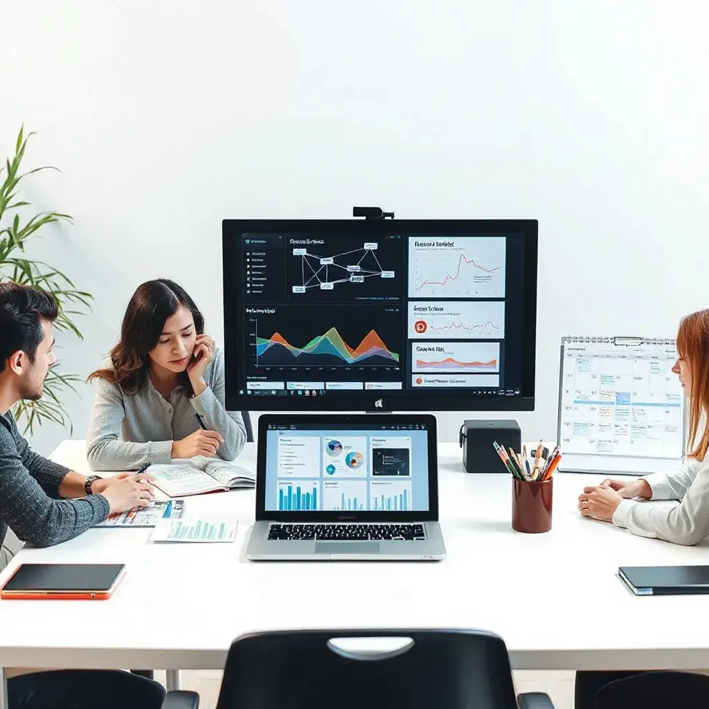 Team reviewing workflow and analytics on a laptop in a modern office setting