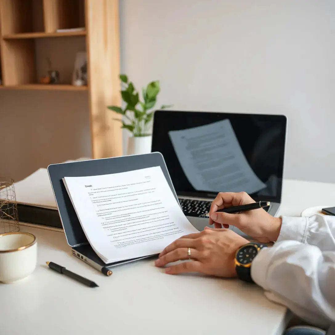 Writer reviewing laptop drafts and handwritten notes to make AI content sound natural and authentic