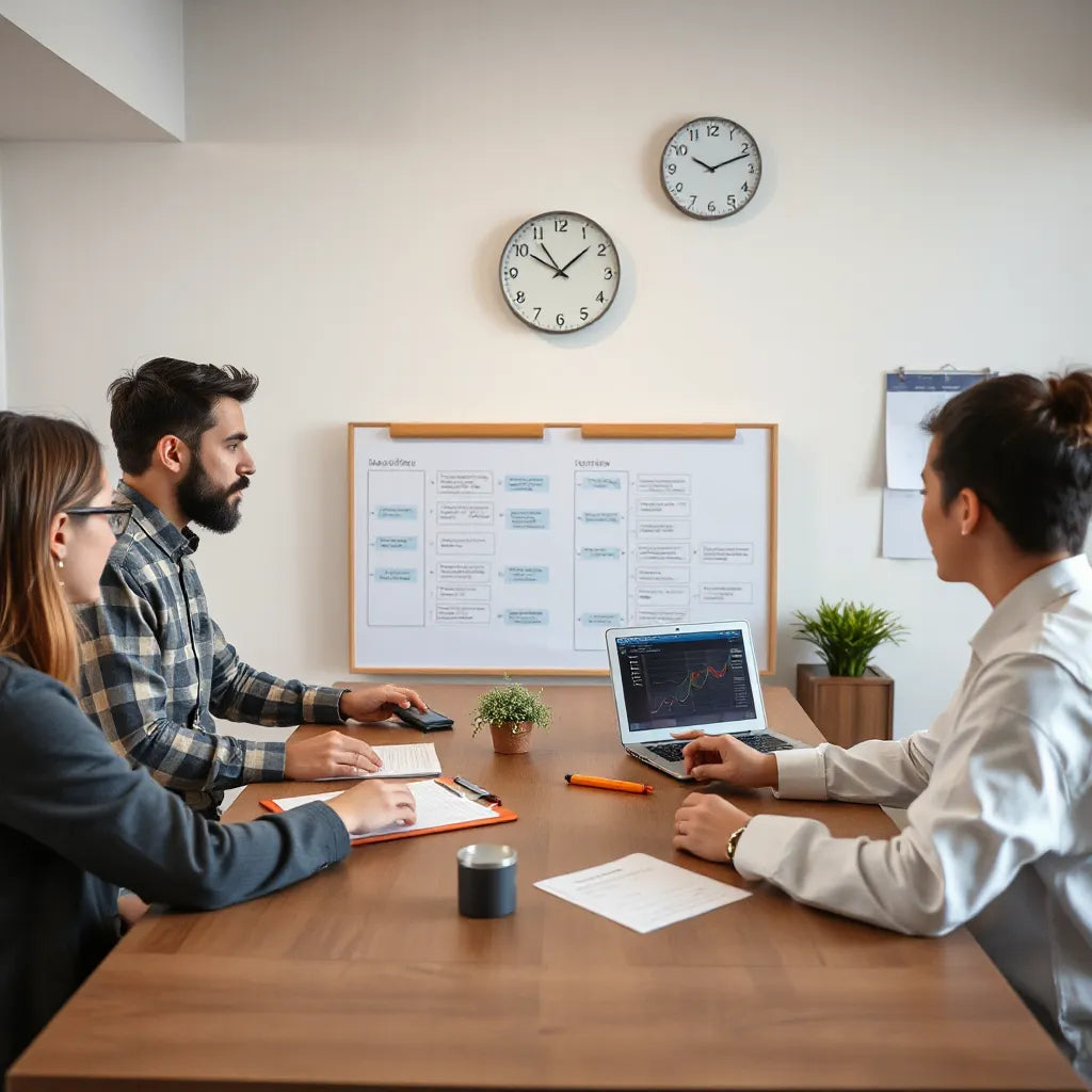 Team reviewing structured workflow plans and project status in a modern office setting