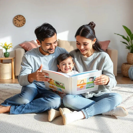 Child and parent sharing an open picture book with colorful interactive pages in a cozy living room