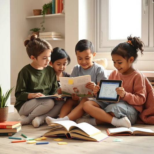 Children reading an illustrated book at a cozy table with learning resources nearby