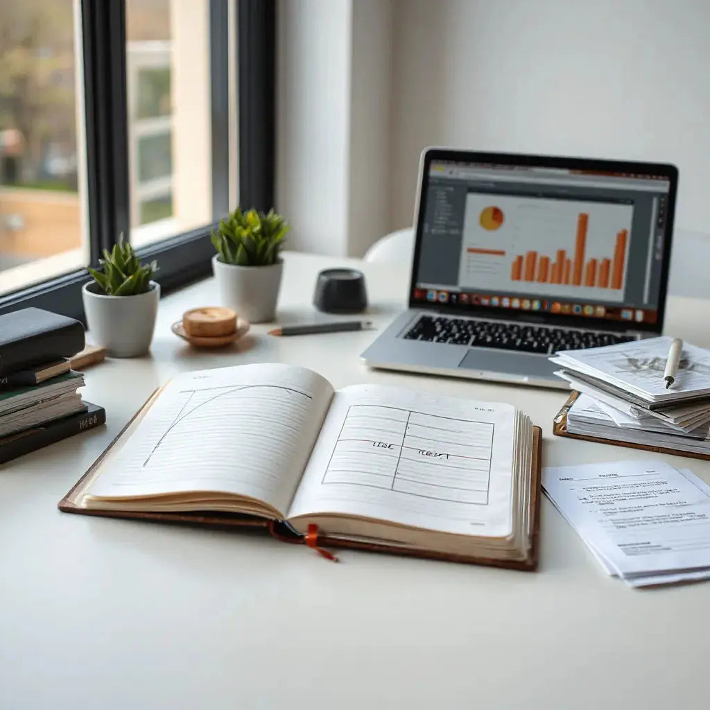Clean desk with notebook and abstract charts, suggesting structured planning for business decisions
