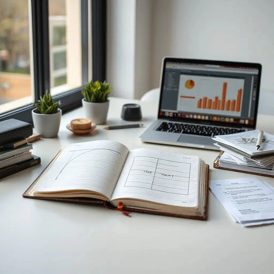 Clean desk with notebook and abstract charts, suggesting structured planning for business decisions